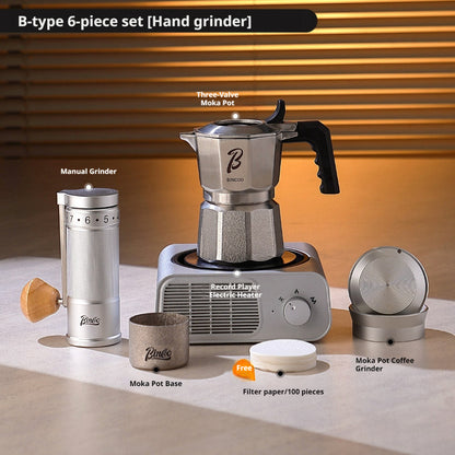 BINCOO Three-Valve 316 Stainless Steel Moka Pot Set with Electric Stove & Coffee Grinder Mini Home Espresso Maker 2Cups