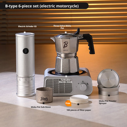 BINCOO Three-Valve 316 Stainless Steel Moka Pot Set with Electric Stove & Coffee Grinder Mini Home Espresso Maker 2Cups