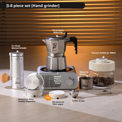 BINCOO Three-Valve 316 Stainless Steel Moka Pot Set with Electric Stove & Coffee Grinder Mini Home Espresso Maker 2Cups