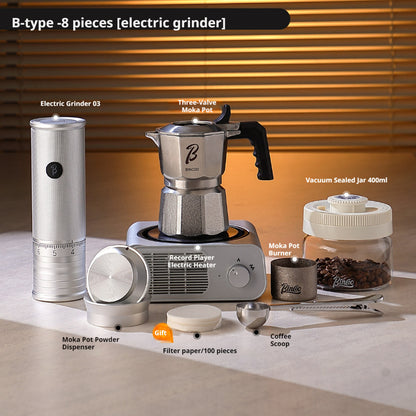 BINCOO Three-Valve 316 Stainless Steel Moka Pot Set with Electric Stove & Coffee Grinder Mini Home Espresso Maker 2Cups