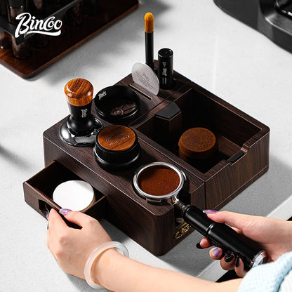 BINCOO Wooden Coffee Tamper Base with Knock Box Espresso Distribution & Tamper Kit Coffee Portafilter Tool Organizer Set 51MM/58MM