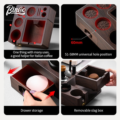 BINCOO Wooden Coffee Tamper Base with Knock Box Espresso Distribution & Tamper Kit Coffee Portafilter Tool Organizer Set 51MM/58MM
