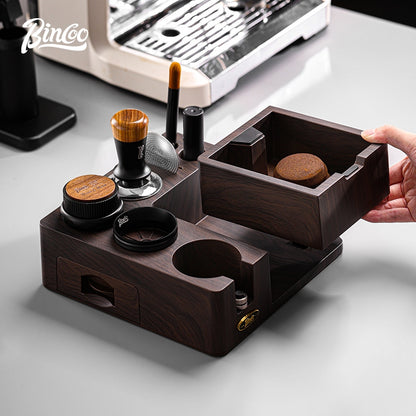 BINCOO Wooden Coffee Tamper Base with Knock Box Espresso Distribution & Tamper Kit Coffee Portafilter Tool Organizer Set 51MM/58MM