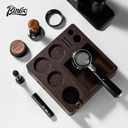 BINCOO Wooden Coffee Tamper Base with Knock Box Espresso Distribution & Tamper Kit Coffee Portafilter Tool Organizer Set 51MM/58MM