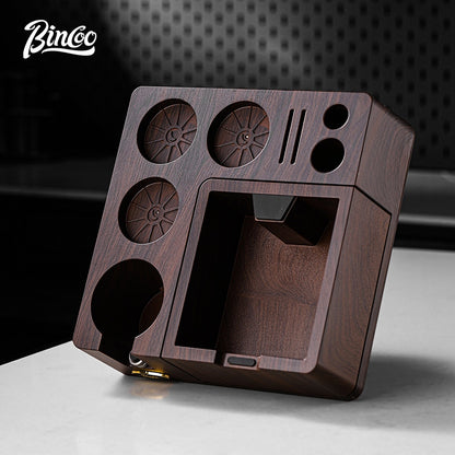 BINCOO Wooden Coffee Tamper Base with Knock Box Espresso Distribution & Tamper Kit Coffee Portafilter Tool Organizer Set 51MM/58MM