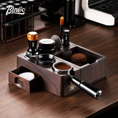 BINCOO Wooden Coffee Tamper Base with Knock Box Espresso Distribution & Tamper Kit Coffee Portafilter Tool Organizer Set 51MM/58MM