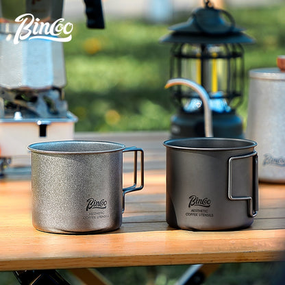 BINCOO Pure Titanium Coffee Mug with Foldable Handle Portable Camping Travel Cup 300ML