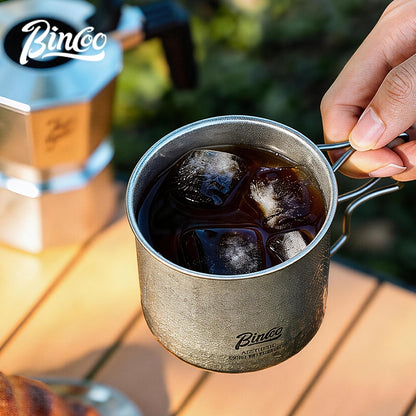 BINCOO Pure Titanium Coffee Mug with Foldable Handle Portable Camping Travel Cup 300ML