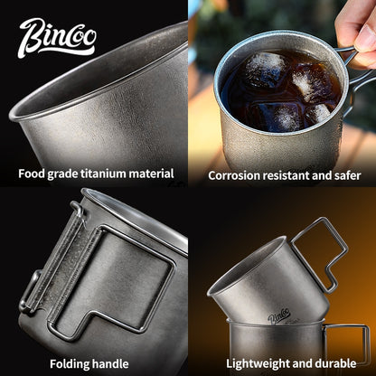 BINCOO Pure Titanium Coffee Mug with Foldable Handle Portable Camping Travel Cup 300ML