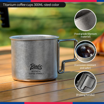 BINCOO Pure Titanium Coffee Mug with Foldable Handle Portable Camping Travel Cup 300ML