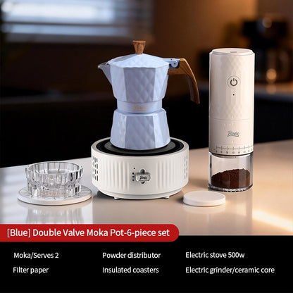 BINCOO Two-Valve Moka Pot with Electric Stove Set Home Coffee Maker with Grinder Set Espresso Machine Set for Office and Outdoor 2Cups