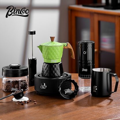 BINCOO Double Valve Pressurized Moka Pot with Electric Heater Stove Portable Manual Coffee Grinder for Home & Camping 2Cups