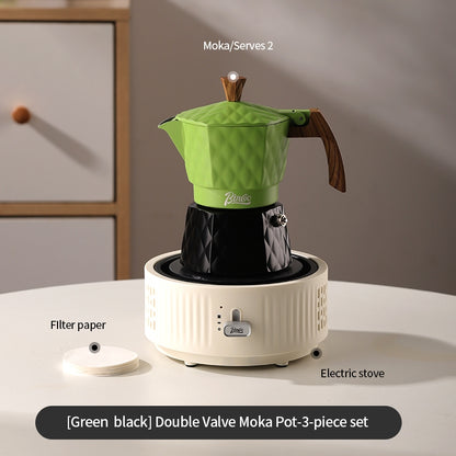 BINCOO Double Valve Pressurized Moka Pot with Electric Heater Stove Portable Manual Coffee Grinder for Home & Camping 2Cups