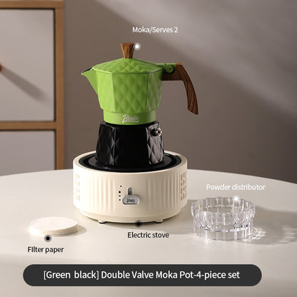 BINCOO Double Valve Pressurized Moka Pot with Electric Heater Stove Portable Manual Coffee Grinder for Home & Camping 2Cups