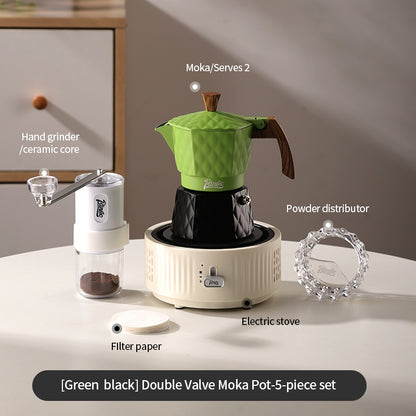 BINCOO Double Valve Pressurized Moka Pot with Electric Heater Stove Portable Manual Coffee Grinder for Home & Camping 2Cups