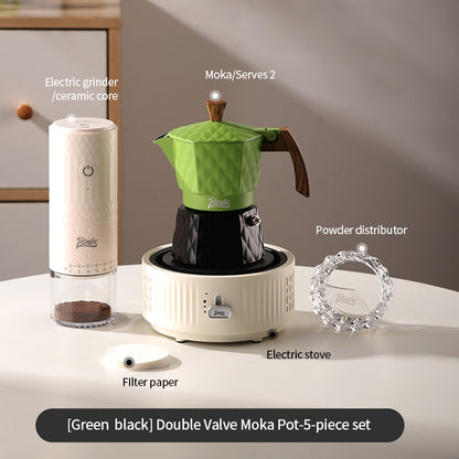 BINCOO Double Valve Pressurized Moka Pot with Electric Heater Stove Portable Manual Coffee Grinder for Home & Camping 2Cups