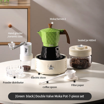 BINCOO Double Valve Pressurized Moka Pot with Electric Heater Stove Portable Manual Coffee Grinder for Home & Camping 2Cups