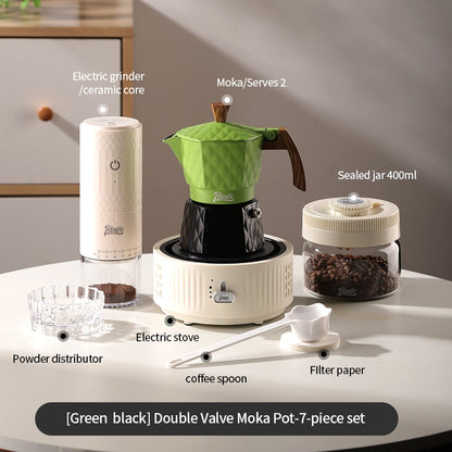 BINCOO Double Valve Pressurized Moka Pot with Electric Heater Stove Portable Manual Coffee Grinder for Home & Camping 2Cups