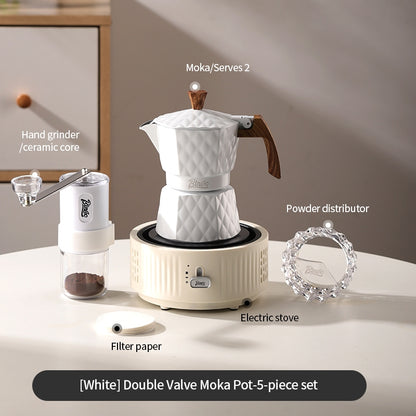 BINCOO Double Valve Pressurized Moka Pot with Electric Heater Stove Portable Manual Coffee Grinder for Home & Camping 2Cups