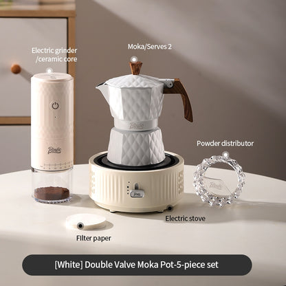 BINCOO Double Valve Pressurized Moka Pot with Electric Heater Stove Portable Manual Coffee Grinder for Home & Camping 2Cups