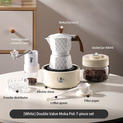 BINCOO Double Valve Pressurized Moka Pot with Electric Heater Stove Portable Manual Coffee Grinder for Home & Camping 2Cups