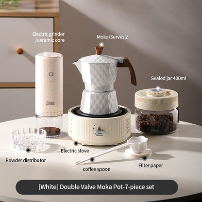 BINCOO Double Valve Pressurized Moka Pot with Electric Heater Stove Portable Manual Coffee Grinder for Home & Camping 2Cups
