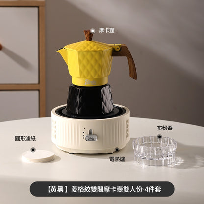 BINCOO Double Valve Pressurized Moka Pot with Electric Heater Stove Portable Manual Coffee Grinder for Home & Camping 2Cups
