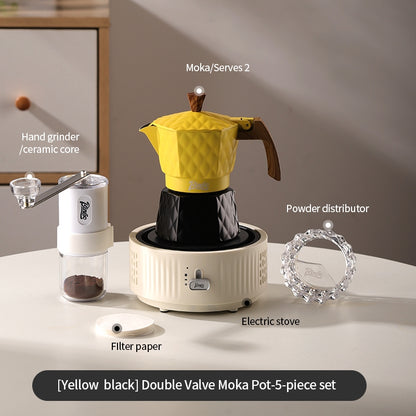 BINCOO Double Valve Pressurized Moka Pot with Electric Heater Stove Portable Manual Coffee Grinder for Home & Camping 2Cups