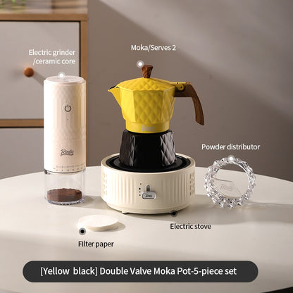 BINCOO Double Valve Pressurized Moka Pot with Electric Heater Stove Portable Manual Coffee Grinder for Home & Camping 2Cups