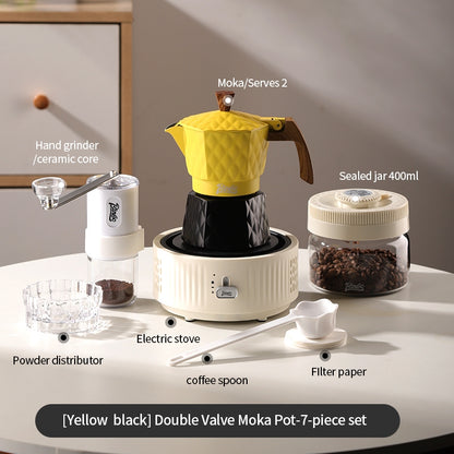 BINCOO Double Valve Pressurized Moka Pot with Electric Heater Stove Portable Manual Coffee Grinder for Home & Camping 2Cups