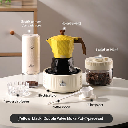BINCOO Double Valve Pressurized Moka Pot with Electric Heater Stove Portable Manual Coffee Grinder for Home & Camping 2Cups