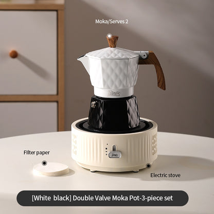 BINCOO Double Valve Pressurized Moka Pot with Electric Heater Stove Portable Manual Coffee Grinder for Home & Camping 2Cups