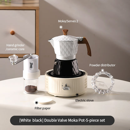 BINCOO Double Valve Pressurized Moka Pot with Electric Heater Stove Portable Manual Coffee Grinder for Home & Camping 2Cups