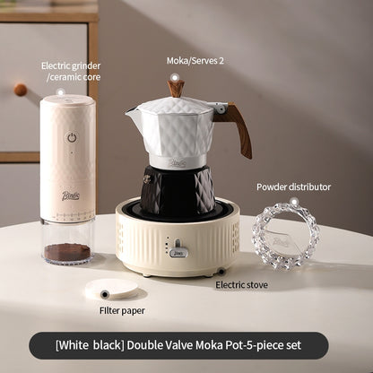 BINCOO Double Valve Pressurized Moka Pot with Electric Heater Stove Portable Manual Coffee Grinder for Home & Camping 2Cups