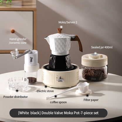 BINCOO Double Valve Pressurized Moka Pot with Electric Heater Stove Portable Manual Coffee Grinder for Home & Camping 2Cups