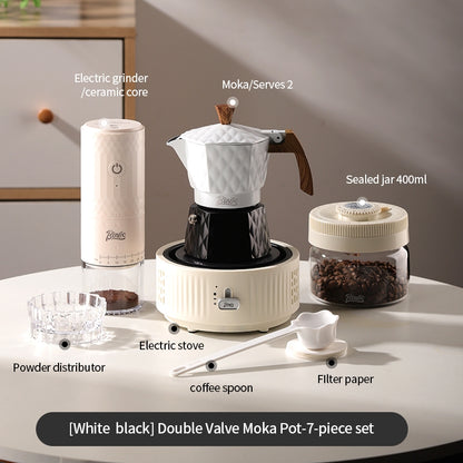 BINCOO Double Valve Pressurized Moka Pot with Electric Heater Stove Portable Manual Coffee Grinder for Home & Camping 2Cups