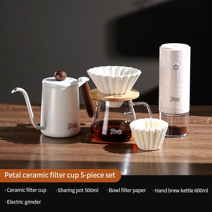 BINCOO Hand Drip Coffee Pot Complete Set Glass Server with Coffee Grinder V60 Ceramic Dripper Full Coffee Brewing Tools Kit