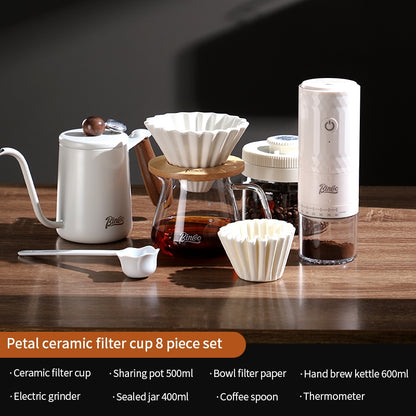 BINCOO Hand Drip Coffee Pot Complete Set Glass Server with Coffee Grinder V60 Ceramic Dripper Full Coffee Brewing Tools Kit