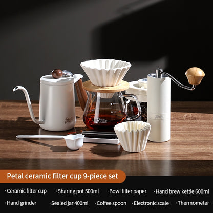 BINCOO Hand Drip Coffee Pot Complete Set Glass Server with Coffee Grinder V60 Ceramic Dripper Full Coffee Brewing Tools Kit
