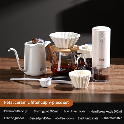 BINCOO Hand Drip Coffee Pot Complete Set Glass Server with Coffee Grinder V60 Ceramic Dripper Full Coffee Brewing Tools Kit