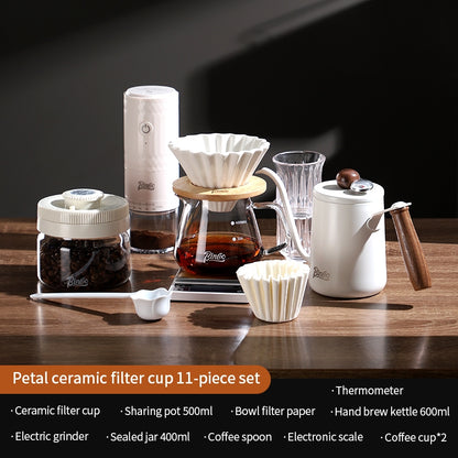 BINCOO Hand Drip Coffee Pot Complete Set Glass Server with Coffee Grinder V60 Ceramic Dripper Full Coffee Brewing Tools Kit