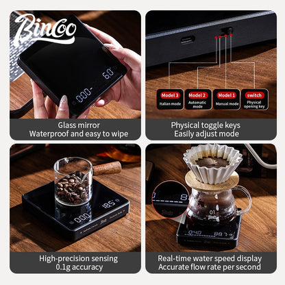 BINCOO Smart Coffee Weighing Scale Mirror Surface Digital Scale for Pour Over & Espresso Professional Timer & Flow Rate Tracking Home Kitchen & Coffee Baking