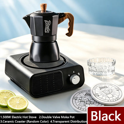 BINCOO Double Valve Moka Pot & Electric Hot Stove Kit with Stainless Steel Gooseneck Kettle Complete Espresso Coffee Maker Set 2Cups