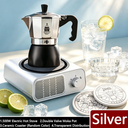 BINCOO Double Valve Moka Pot & Electric Hot Stove Kit with Stainless Steel Gooseneck Kettle Complete Espresso Coffee Maker Set 2Cups