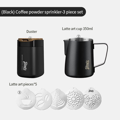 BINCOO Duster with Latte Art Stencils Stainless Steel Milk Pitcher Set Coffee Powder Sifter Baking & Coffee Decorating Tools Latte Art Templates