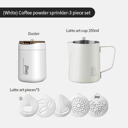 BINCOO Duster with Latte Art Stencils Stainless Steel Milk Pitcher Set Coffee Powder Sifter Baking & Coffee Decorating Tools Latte Art Templates
