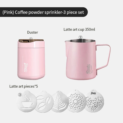 BINCOO Duster with Latte Art Stencils Stainless Steel Milk Pitcher Set Coffee Powder Sifter Baking & Coffee Decorating Tools Latte Art Templates