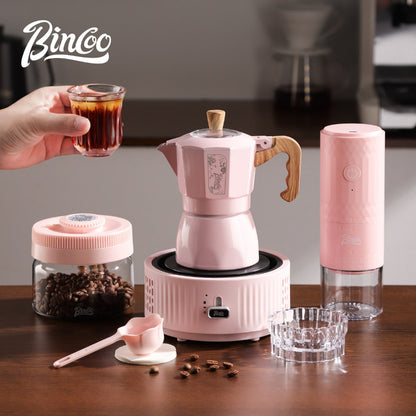 BINCOO Pink Series Double Valve Moka Pot Set with Electric Coffee Grinder Mini Portable Italian Espresso Coffee Utensil Kit for Home Use 2Cups/4Cups