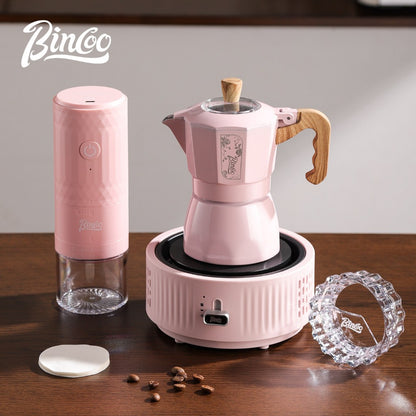 BINCOO Pink Series Double Valve Moka Pot Set with Electric Coffee Grinder Mini Portable Italian Espresso Coffee Utensil Kit for Home Use 2Cups/4Cups