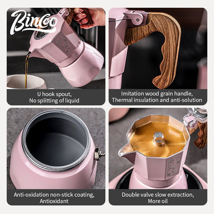 BINCOO Pink Series Double Valve Moka Pot Set with Electric Coffee Grinder Mini Portable Italian Espresso Coffee Utensil Kit for Home Use 2Cups/4Cups